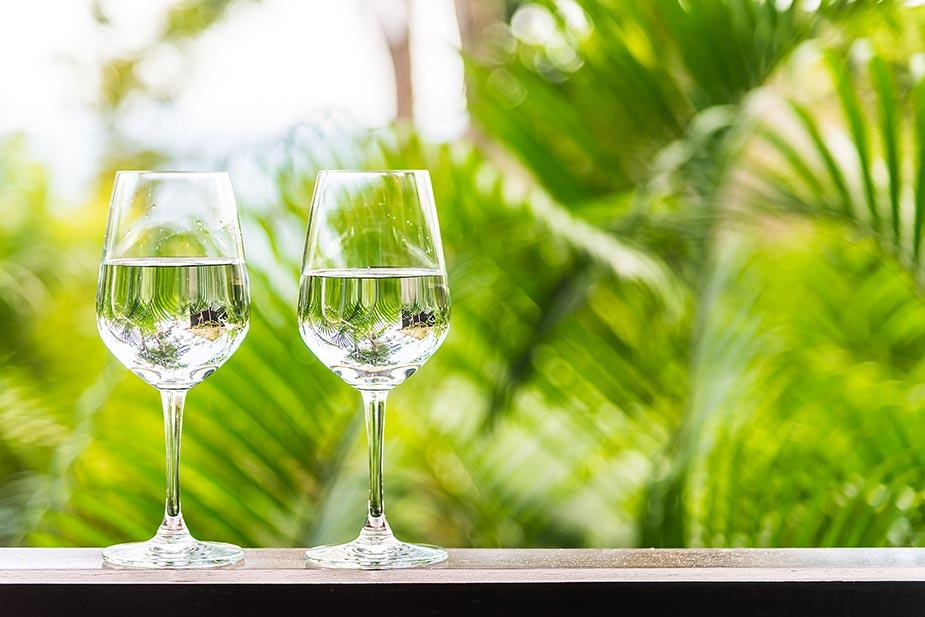 dve providne čaše sa vodom a iza je zelene pozadina