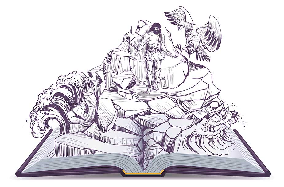 Prometej okovan na steni i orao koji doleće da mu kljuca jetru