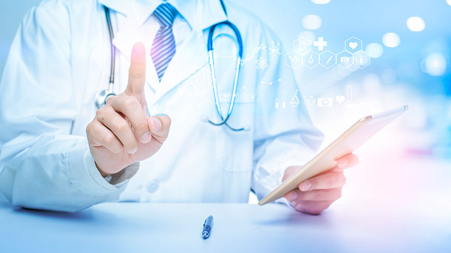 Lekar sa dignutim prstom - a preko slike različiti medicinski simboli